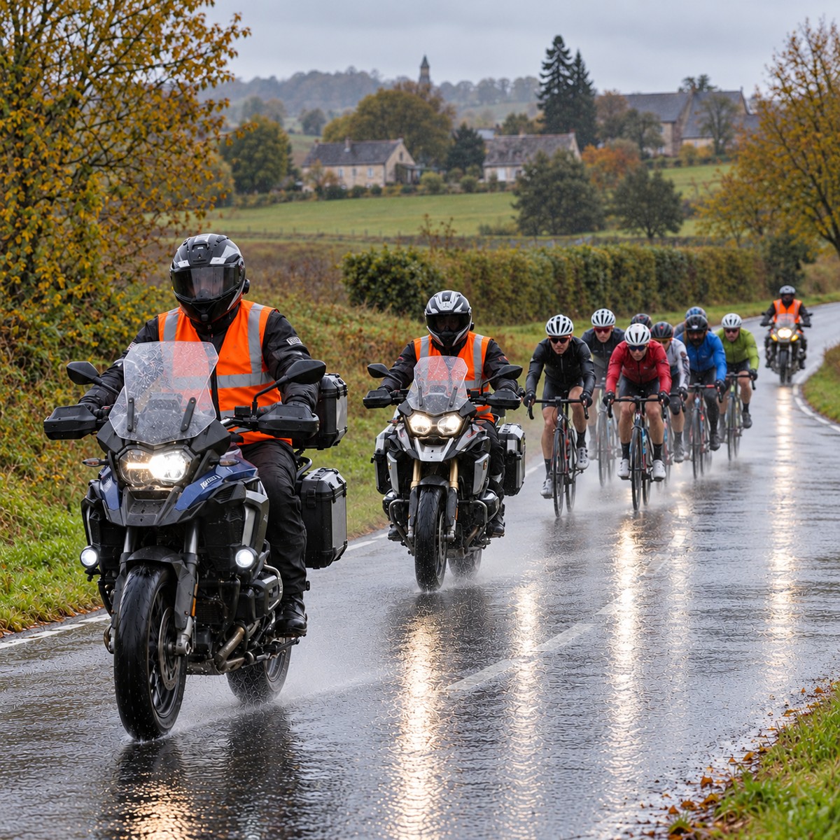 Illustration de motards en gilets orange encadrant des cyclistes sous la pluie